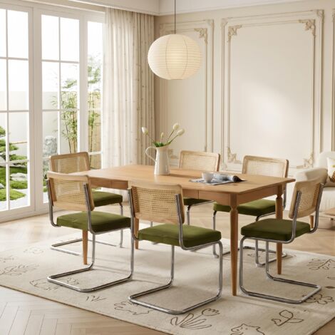 Lot de 6 Chaises Moyen Siècle – Velours et Cannage Doré – Dossier en rotin naturel, piètement chromé, pour salle à manger - Vert olive