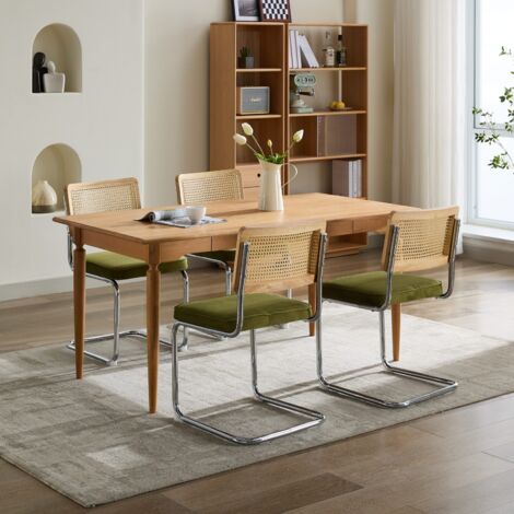 Lot de 4 Chaises Moyen Siècle – Velours et Cannage Doré – Dossier en rotin naturel, piètement chromé, pour salle à manger - Vert olive