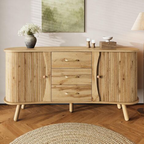 Buffet Design Haricot 150 cm avec Portes Coulissantes et 3 Tiroirs - Design Cannelé, Pieds en Bois Massif - Scandinave, Natural