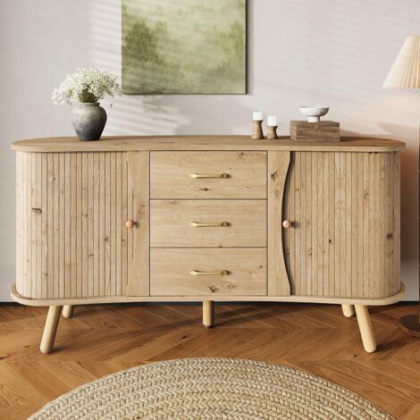 Buffet Design Haricot 150 cm avec Portes Coulissantes et 3 Tiroirs - Design Cannelé, Pieds en Bois Massif - Scandinave, Chêne