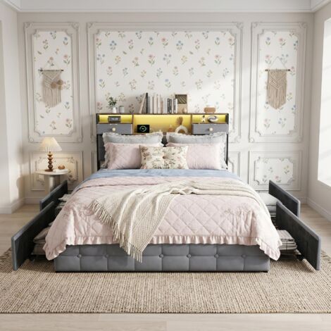 Lit avec tiroirs 160x200 cm Velours Gris - Lit 2 personne capitonné, LED et USB Intégrés - 4 Tiroirs, Sommier à Lattes Inclus, Scandinave (1/5)