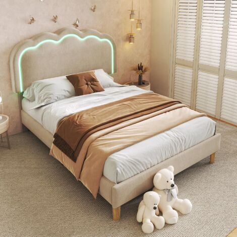 Lit simple 90 x 190 cm - tête de lit avec éclairage LED orientable, sommier à lattes, adapté aux lits ados, lits enfants, velours - Beige (1/5)