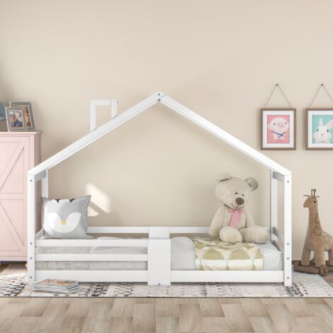 Lit cabane enfant 90x200cm - avec protection contre les chutes de cheminée, sommier à lattes, lit cabane enfant en pin - blanc
