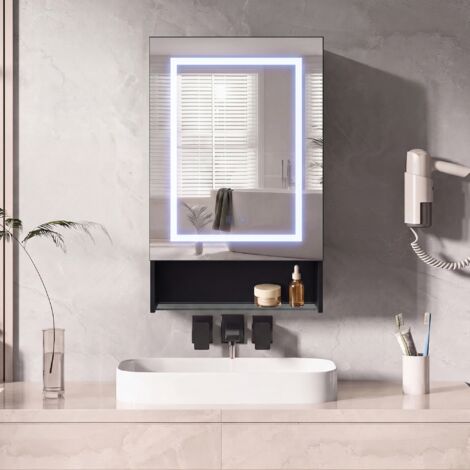 Armoire Miroir de Salle de Bain LED Noire 50x88 cm avec Fonction Anti-Buée - Étagères Réglables et Rangement Polyvalent - Design Moderne (1/5)