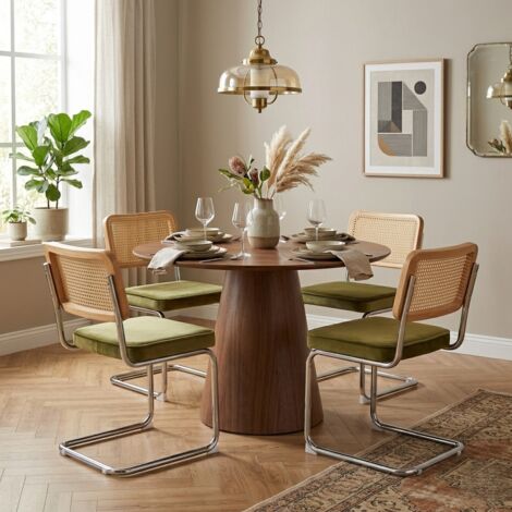 Lot de 4 Chaises Velours et Cannage - Design Moderne Breuer, Pieds Métal Chromé pour Salon et Cuisine - Vert