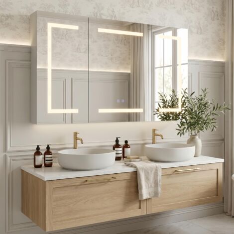 Armoire Meuble de Salle de Bain 100 cm, connectée LED miroir - rangement spacieux, antibuée, mémoire, verre trempé HD - prise intégrée