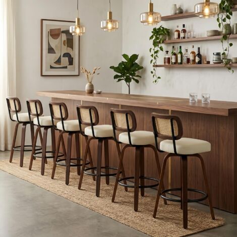 Lot de 6 Tabourets de Bar Pivotants en Rotin - Assise Rembourrée et Finition Noyer - Look Scandinave pour Îlot - Beige