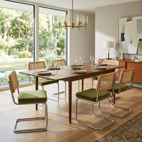 Lot de 6 Chaises Velours et Cannage - Design Moderne Breuer, Pieds Métal Chromé pour Salon et Cuisine - Vert
