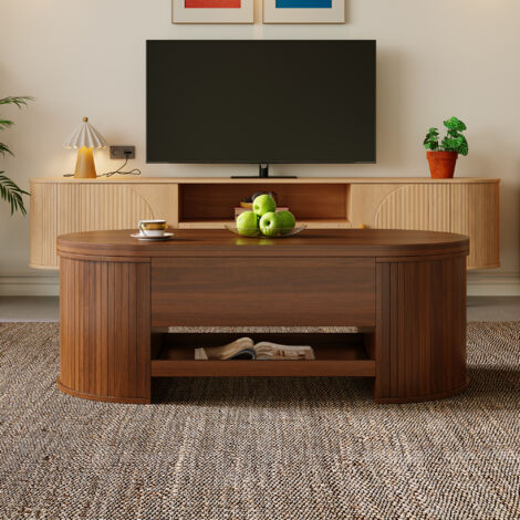 Table basse relevable, avec côtés en bois courbés et 1 tiroir, étagère rétractable, 110x55x40 cm, design moderne, Marron