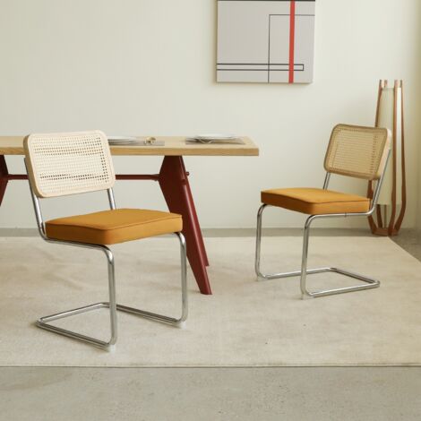 Lot de 4 Chaises Velours et Cannage - Design Moderne Breuer, Pieds Métal Chromé pour Salon et Cuisine - Orange (1/5)