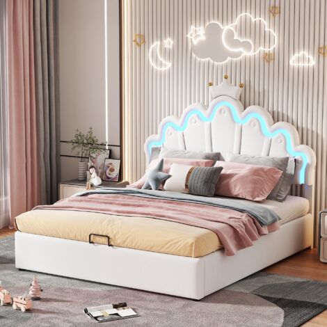 Lit coffre 140x200cm - simili cuir, tête de lit avec couronne, lit princesse avec éclairage LED, sommier à lattes, structure métallique, lit double Moderne - Blanc