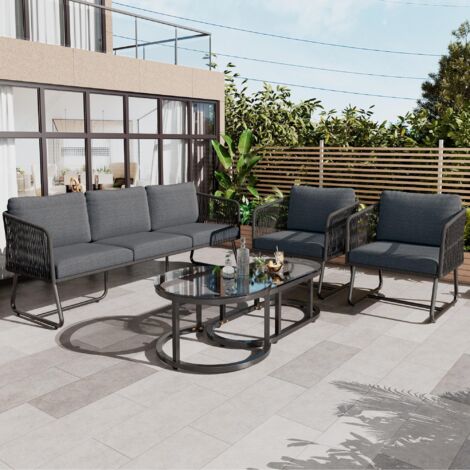 Salon de Jardin en Corde 5 Places - Avec 2 Chaises, 1 Canapé, 1 Plateau en Verre Lisse avec Structure en Fer Galvanisé et Coussins Confortables - Gris (1/5)