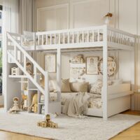 lit Superposé 140x200 avec Escalier, Mezzanine Blanc, Lit pour Enfant avec Compartiment de Rangement et Protection Antichute
