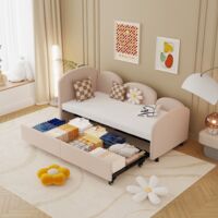 Tanant – Lit gigogne 90x200 cm – Canapé-lit escamotable en velours doux – Barrière de sécurité en forme de fleur – Rangement sous le lit