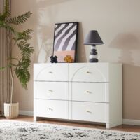 Tanant – Commode de chambre 120 cm 6 tiroirs – Poignées dorées – Rangement élégant pour salon et chambre – Matériau aggloméré – H82/L120/P40 cm