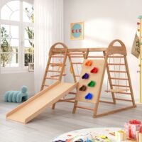 Aire de jeux 7 en 1 en bois, avec balançoires, échelle d'escalade, toboggan, filet d'escalade, aire de jeux multifonctionnelle, adaptée aux enfants à partir de 3 ans