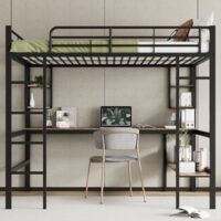 Tanant – Lit mezzanine enfant 140x200cm – Bureau intégré – 4 étagères triangulaires – Cadre en métal noir – Hauteur 180,5cm – Capacité 150kg