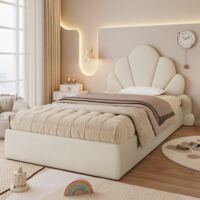 Tanant – Lit simple 90 x 200 cm – Tête de lit incurvée en pétales – Revêtement velours doux – Sommier à lattes robuste – Design moderne blanc