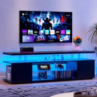 Meuble TV 128 cm, avec éclairage LED et cloisons vitrées, avec grandes armoires latérales, grand espace de rangement, adapté au salon, adapté pour TV 65", Noir