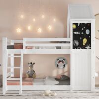 Lit superposé enfant 90x200 cm, avec porte et tableau noir – Design maison avec fenêtre et toit, échelle inclinée, sommier lattes - Blanc