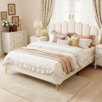 Lit adulte capitonné 140x190, lit double avce sommier, avec tête de lit réglable en hauteur, pieds métal - velours, Beige