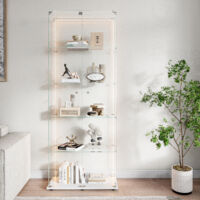 Vitrine en verre, vitrine pour collection, espace de rangement à 5 niveaux, avec bande lumineuse LED, base en métal, vitrine autoportante, Blanc