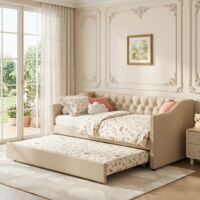 Lit Gigogne 90x200 cm Beige - lit banquette Canapé Lit Extensible avec Sommier à Lattes - Design Scandinave