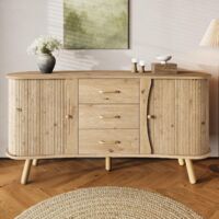 Buffet Design Haricot 150 cm avec Portes Coulissantes et 3 Tiroirs - Design Cannelé, Pieds en Bois Massif - Scandinave, Chêne