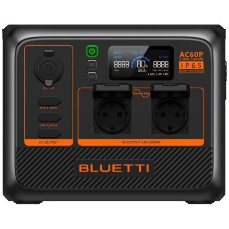 Bluetti – Station d'alimentation portable 600W AC60P – Batterie LiFePo4 504Wh – Résistante à l'eau et à la poussière – 9,1 kg