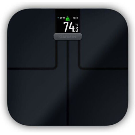 Pèse-personne électronique noir – Capacité 181,4 kg – Alimentation par batterie AAA – Autonomie 0,75 an – Dimensions 320x310x28 mm – Garmin