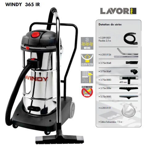 Lavor – Aspirateur eau et poussières inox 3600W – Débit d'air 195 l/s – Volume 65L – Pour nettoyage industriel et ateliers mécaniques