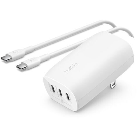Chargeur pour téléphone mobile Belkin secteur 3 ports USB C 67W, blanc.