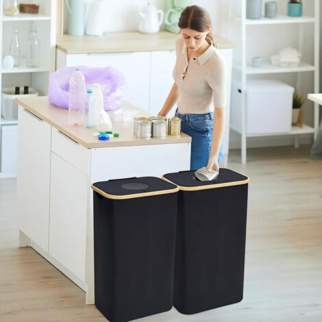 Yorbay 100L Poubelle De Recyclage, Collecteur De Bouteilles Avec Couvercle Et Deux Sacs De Transport Pour 30-45 Bouteilles Vides, Rangement De Bouteilles Consignées Pour Cuisine Et Rangement, Noir