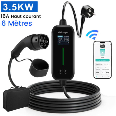 Câble de recharge voiture électrique Type 2 16A 3.5kW monophasé 6m – Charge rapide programmable – Plastique TUV – IP44/IP65