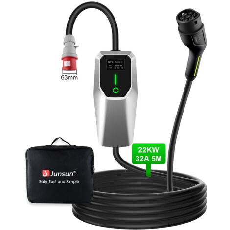 Câble de recharge Type 2 32A 22kW triphasé 5m portable pour Tesla BMW JUNSUN