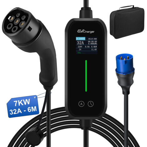 Câble de recharge Type 2 32A 7kW monophasé 6m portable contrôle APP JUNSUN