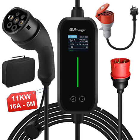 Câble de recharge Type 2 16A 11kW triphasé 6m portable 1adaptateur JUNSUN