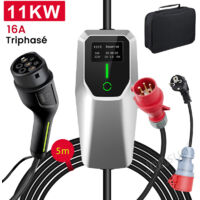 Câble de recharge Type 2 16A 11kW triphasé 5m portable 1adaptateur JUNSUN