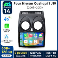 9 pouces Carplay Autoradio pour Nissan Qashqai J10 2006-2013 Android 6+128GB JUNSUN