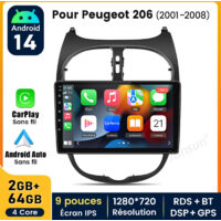 9 pouces Carplay Autoradio pour Peugeot206 2001-2008 Android 1+32GB JUNSUN