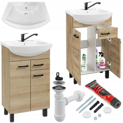 Waschbeckenunterschrank 50 cm - Eiche Trüffel - Modernes Design - mit Waschbecken und schwarzem Wasserhahn (1/5)