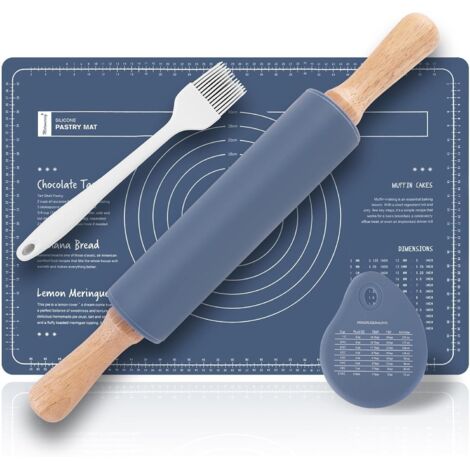 Ensemble de rouleau à pâtisserie et tapis à pâtisserie, rouleau à pâtisserie en bois (38 cm) +tapis silicone(60 x 40 cm)+corne patisserie+pinceau cuisine,rouleau patisserie silicone(bleu)
