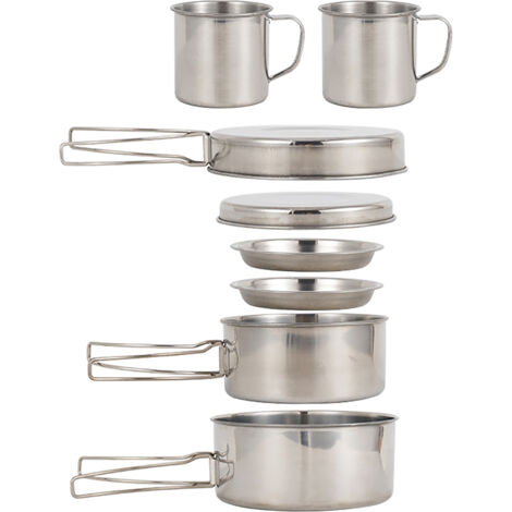 Batterie de cuisine de Camping, Kit de désordre, 8 pièces, ensemble de casseroles et poêles en acier inoxydable avec assiettes, tasses pour Camping en plein air, randonnée, sac à dos (1/5)