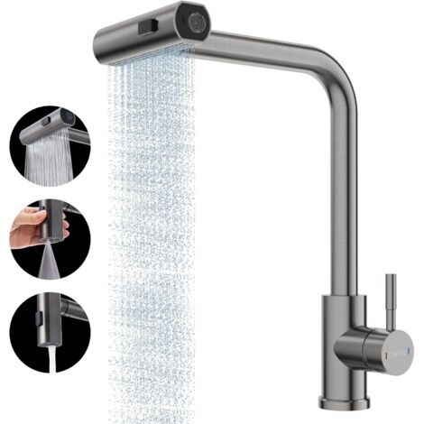 Robinet de cuisine cascade en acier inoxydable, robinet d'évier coulissant avec pulvérisateur 3 modes, robinet d'évier de cuisine moderne à trou unique en acier inoxydable, 1 poignée et rotation à 360 (1/5)