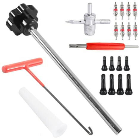 Coffret d'outils pour valves de pneu 21 pièces, métal et plastique, avec extracteur de valve, crochet, outil auxiliaire et gants, pour voiture, camion et moto (noir et rouge)