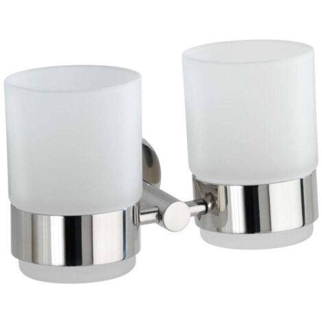Porte Brosse à dent mural, gobelet salle de bain double, verre - fixation acier inox, 17,5x9,5x9 cm, brillant