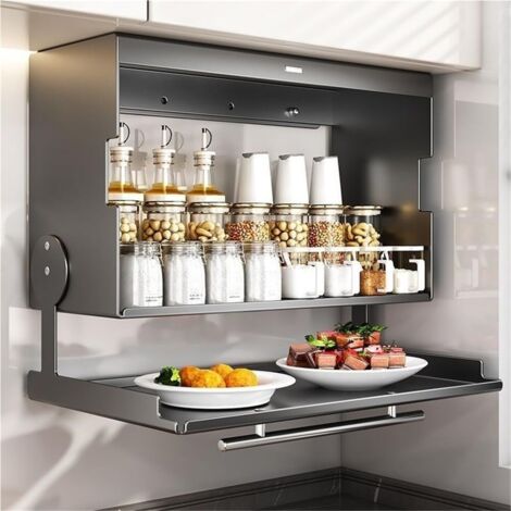 Armoire de rangement pliable à double couche, armoire de rangement murale en acier carbone avec plateau de préparation des aliments, étagères flottantes avec crochets pour cuisine (gris) (1/4)
