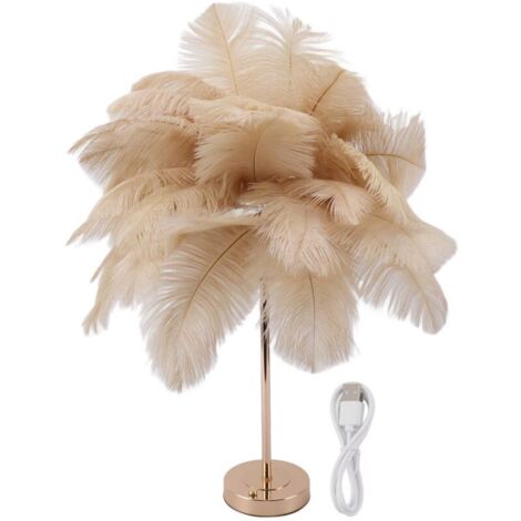 Creative White Ostrich Feather Table Lamp Bedside Lamp Light Luxury And Elegant Lampshade Night Light Table Lighting, Rechargeable, Camel Desk Lamp