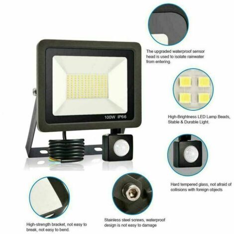 - LED Projecteur Extérieur 100W Avec Détecteur De Mouvement IP65 Étanche 60000（LM） Blanc Froid Éclairage Pour Jardin Garage Terrain De Sport