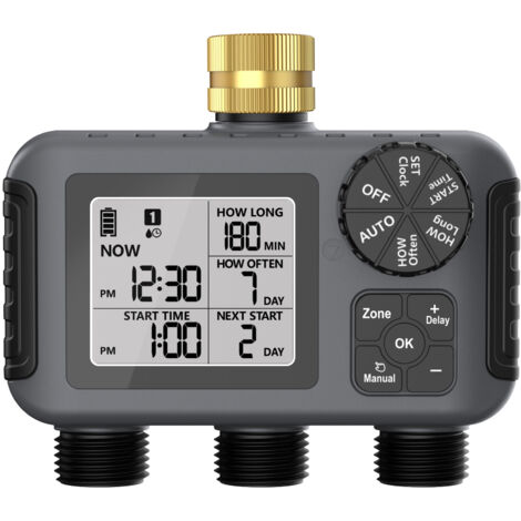 ZVD – Minuterie d'arrosage programmable 3 voies – Alimentation 2 piles AA – Pression 0,05 à 0,8 Mpa – Retard de pluie pour jardin